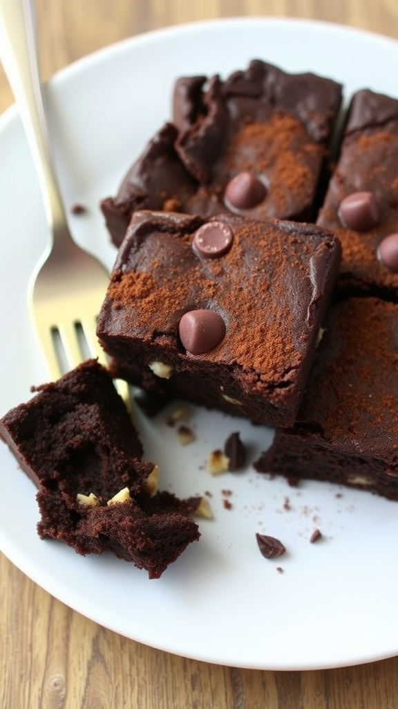 Delicious keto brownies on a plate, garnished with cocoa powder and chocolate chips, next to a fork.